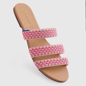Rothy’s Triple Band Hot Pink & Tan Basket Stitch Slide Sandals Size 8.5